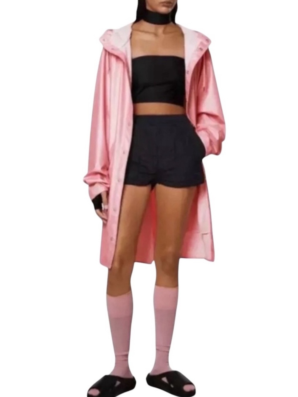 RAINS LONG RAIN JACKET TRENCH IN PINK SKY WITH HOOD UNISEX COASTAL CHIC SZ LARGE - Picture 6 of 13